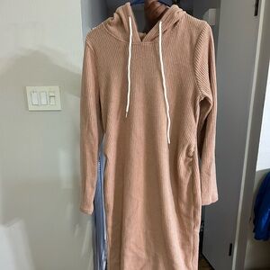Tan Hooded Ribbed Dress